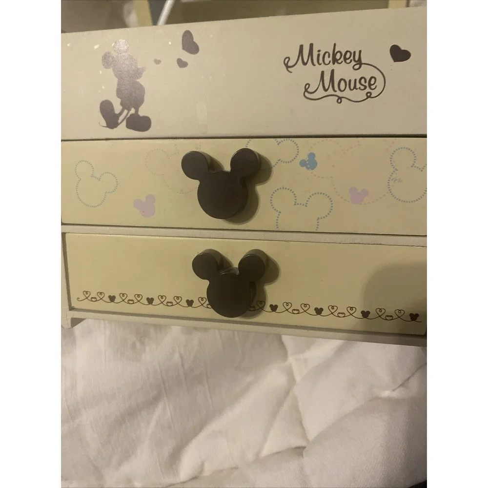 Vtg Disney Wood Mickey Mouse Mirror Jewelry Trinket Box RARE Mickey & Minnie‎